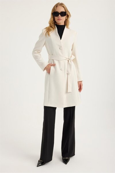 HomeStore Uzun 3 Düğme 2 Cep Dik Yaka Kuşak Bağlı Kaban