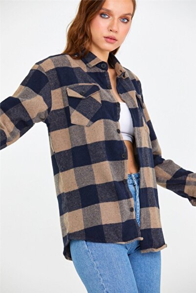 BLUE STREET Women's Brown- Slim Fit Pocket Plaid Lumberjack Shirt-Kkkodg001R04S