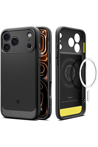 Spigen Husa robustă Rugged Armor MagSafe pentru iPhone 17 Pro, neagră mată