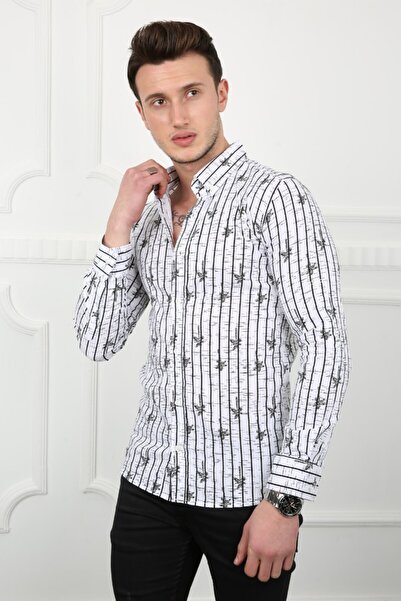 buğrahayalin Men's Casual Vertical Striped Patterned Shirt