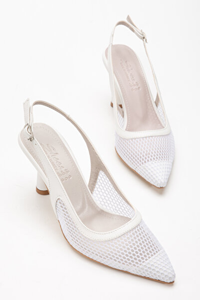 Entella Store Women's Luna White Lace Pointed Buckle Heeled Shoes