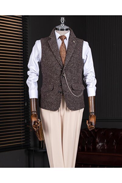 TerziAdemAltun Italian Style Mono Collar Patterned Cashmere Pocket Vest Brown...