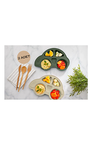 Lova 4 Bölmeli Arabalı Bebek Mama Tabağı (KREM-YEŞİL) (2 ADET)