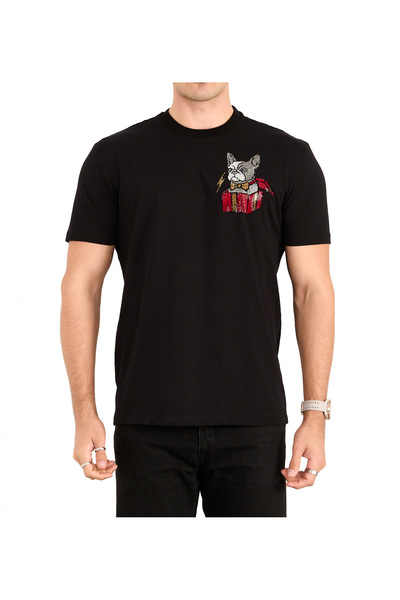 Linea Noir MLX Gifted Frenchie, Taşlı T-shirt , %100 Pamuk,Uniseks, Siyah ,Bi...