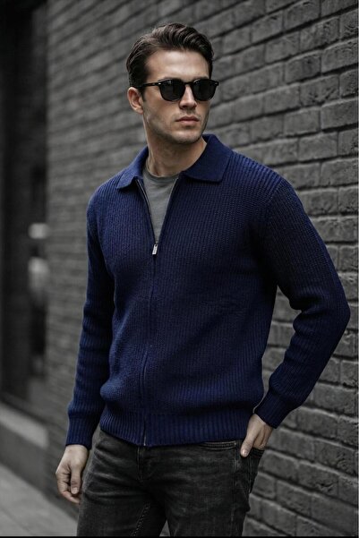 Oksit Mams Men's Slim Fit Zippered Polo Neck Ribbed Knitwear Cardigan