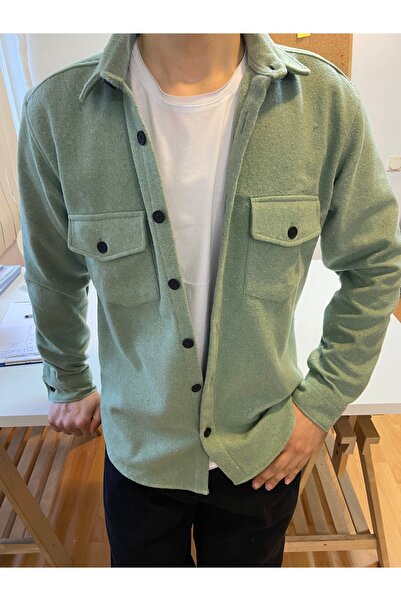 BLUE STREET Su Yeşili Erkek Slim Fit Düğmeli Yaka Çift Cepli Düz Oduncu Gömlek