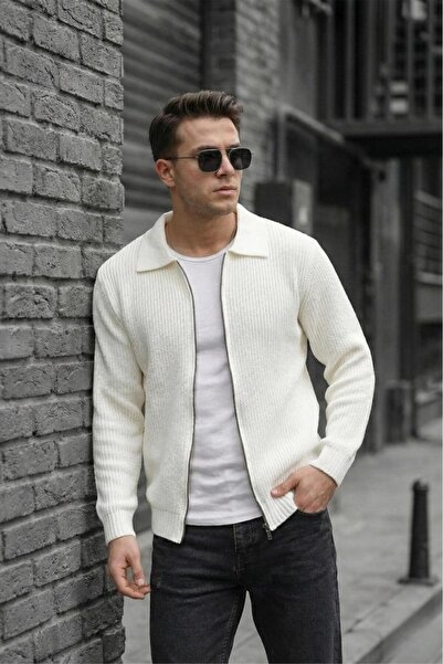 Oksit Mams Men's Slim Fit Zippered Polo Neck Ribbed Knitwear Cardigan