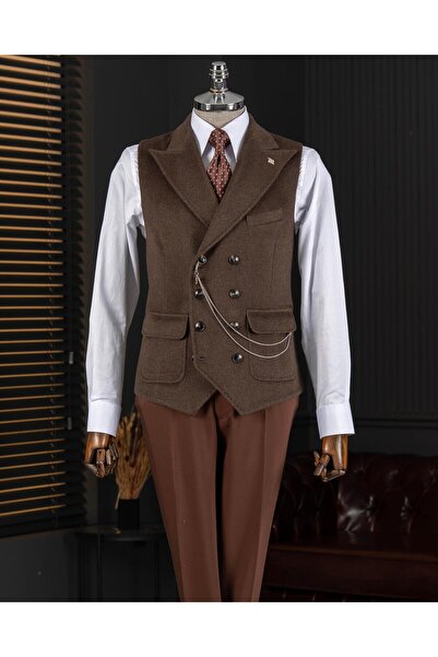 TerziAdemAltun Italian Style K Double-Breasted Cashmere Pocket-Ken Vest Brown...