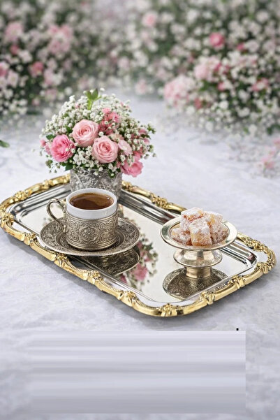 Manor Cam GOLD GÜL DEKORLU ,BATON KROM SUNUM TEPSİSİ (18 CM X 33 CM )