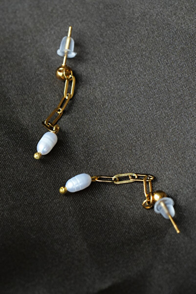 Luna Real Pearl Steel Earrings with Paperclip Chain Detail