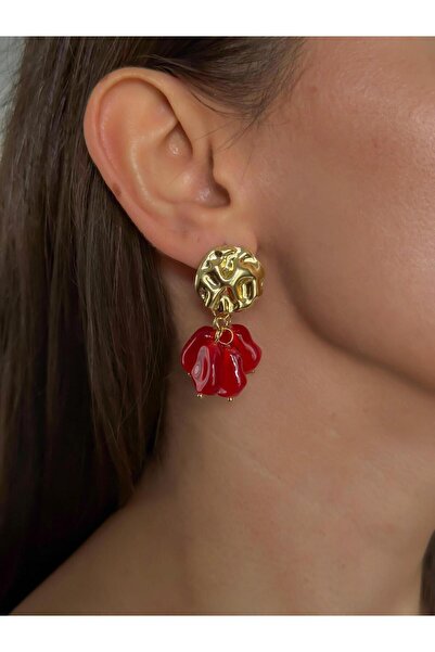 Luseda أقراط ذهبية عتيقة ذات ملمس ذهبي وتفاصيل من خرز المينا الأحمر