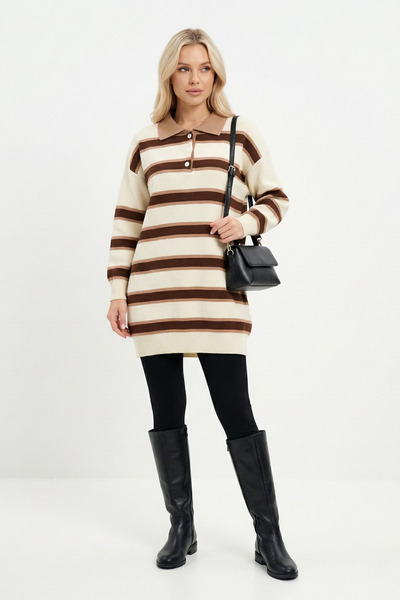 ABAY GİYİM Çizgili Polo Yaka Oversize Triko Tunik