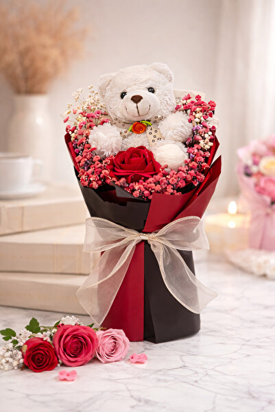 OEM Gift Bouquet with Teddy Bear 25cm and Scented Soap Rose in Transparent Bo...