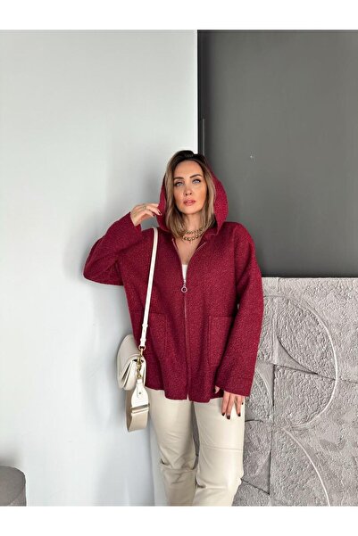 Zerrincan Giyim Bordo Kapşonlu Fermuarlı Buklet Kaban