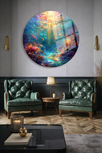 TAULART Colorful Underwater Light Beams Round Real Unbreakable Glass Table Ul...