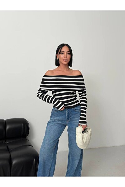 charme butik Women's Madonna Collar Striped Comfortable Fit Flexible Blouse