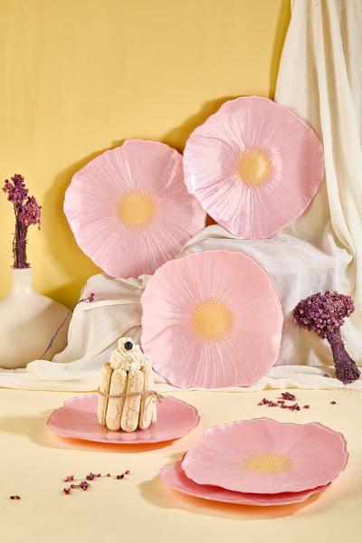 Lora Bianca Alba 28 cm 6'lı Pembe Çiçek Desen Servis Sunum Tabağı Seti