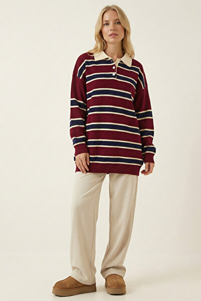 ABAY GİYİM Striped Polo Neck Oversized Knitwear Tunic