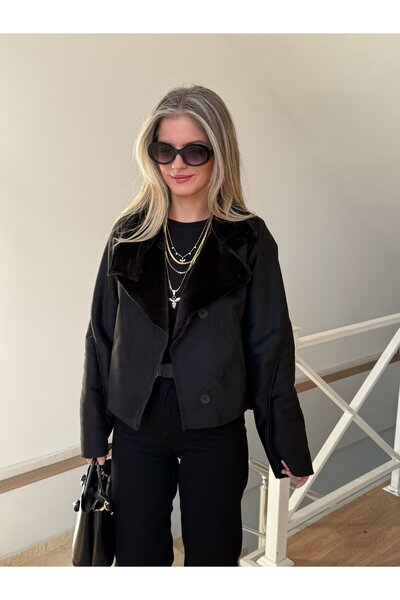 2she High Collar Short Coat with Fur Inside - Black (Pre-Order 09.02 in Shipm...