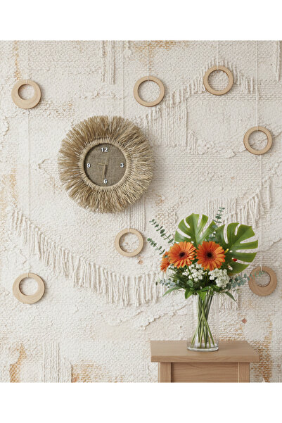 BOHEM Dekoratif Büyük Boy Hasır Duvar Saati - Boho Tarz El Yapımı Rafya Saat