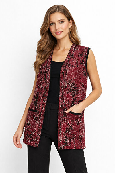 Uludağ Triko kadın triko yelek angora iplik detaylı bordo-siyah desenli