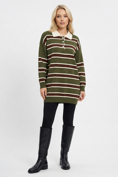 ABAY GİYİM Çizgili Polo Yaka Oversize Triko Tunik