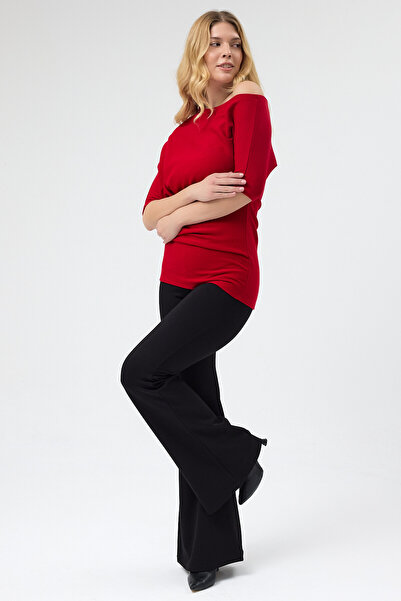 Laranor Red Boat Neck Neckline Opening Adjustable Asymmetrical Cut Knitwear S...