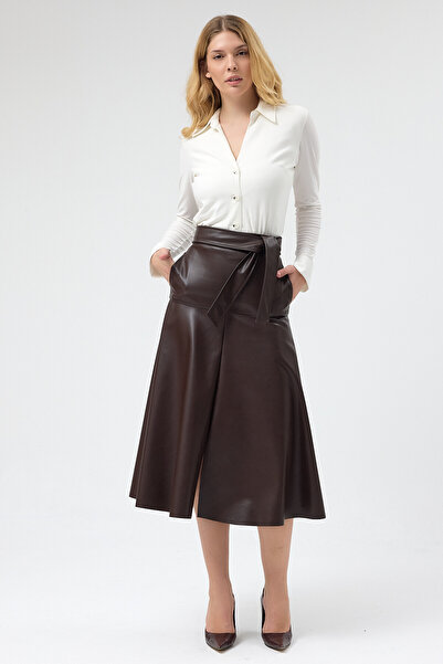 Laranor Brown Waist and Hip-Hugging Belted Fleece-Lined Faux Leather Pocket D...