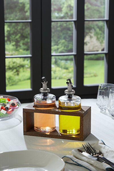 hapeed Pure Model Glass Oil and Vinegar Set with Wooden Stand, Set of 2
