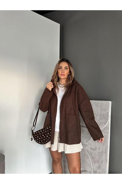 Zerrincan Giyim Kahve Kapşonlu Fermuarlı Buklet Kaban