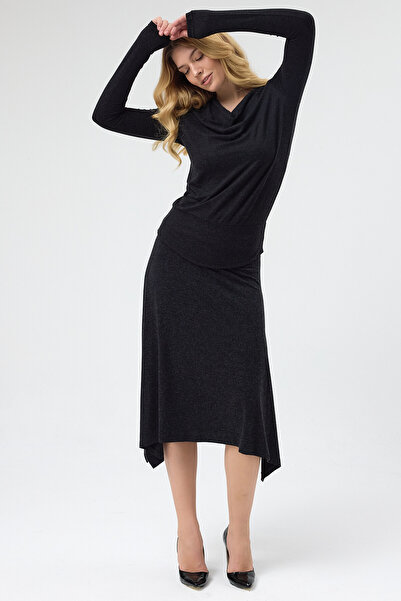 Laranor Anthracite Silk Wool Viscose Elastic Waist Asymmetrical Cut Skirt Day...