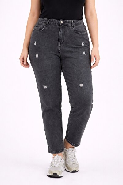 Şans Women's Plus Size Grey, Ripped Detail, High Waist 5 Pocket Jeans 65N39329