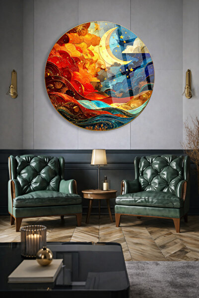 TAULART Moon and Wave Themed Colorful Round Unbreakable Glass Table Ultra Vib...