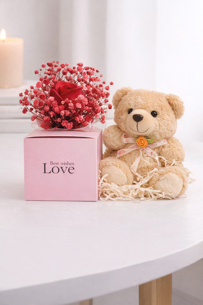 OEM Gift with 12 cm teddy bear and artificial floral arrangement in 20cm deco...