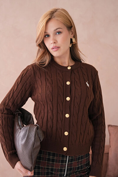 Park Karon Women's Crew Neck Button Detail Hair Knitwear Jacket 8388