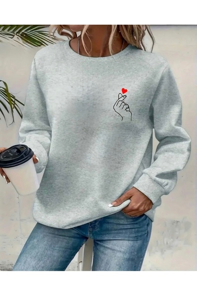 FUFLUNS Hand and Heart Printed Oversized Unisex Women/Men Crop Neck Sweatshirt