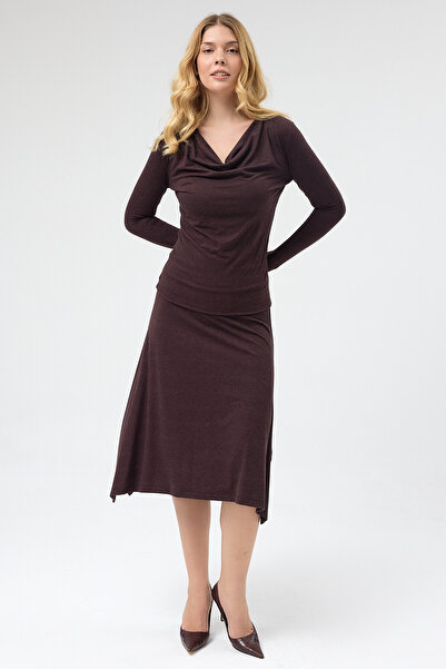 Laranor Brown Silk Wool Viscose Elastic Waist Asymmetrical Cut Skirt Day Nigh...