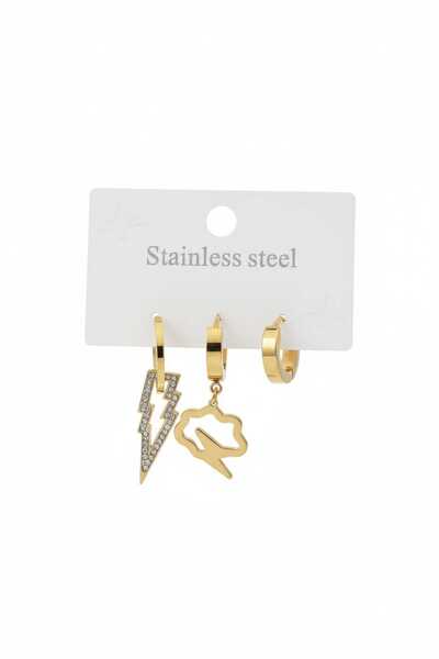 stainles steel طقم أقراط مكون من 3 قطع - تصميم برنتي مع شكل البرق والسحابة