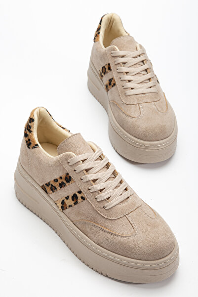 BAHRİNA Women's Beige Suede Leopard Thick Soled Sneaker