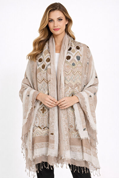 Dervişan İpekçilik Dervişan Silk & Cashmere Ham Renk İşlemeli Kaşmir Şal