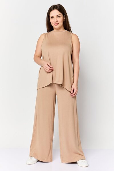 Anne Klein Women 2 Pieces Crew Neck Sleeveless Ribbed Top And Palazzo Pants S...