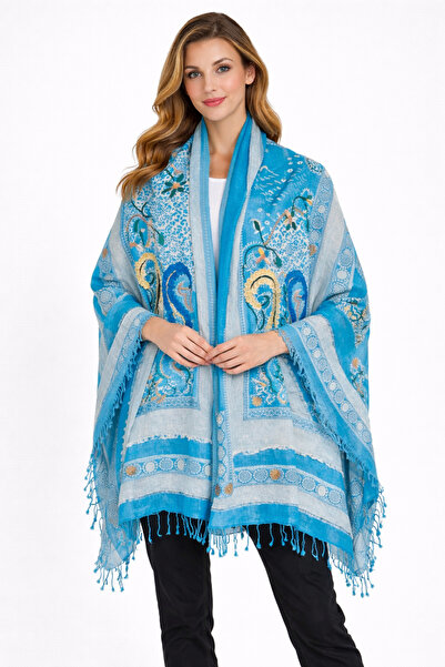 Dervişan İpekçilik Dervişan Silk & Cashmere Mavi İşlemeli Kaşmir Şal