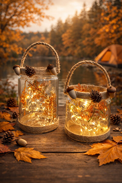 AtölyeKekik Sonbahar Temalı Kozalak Ve Palamut Detaylı Cam Kavanoz Fener –Per...