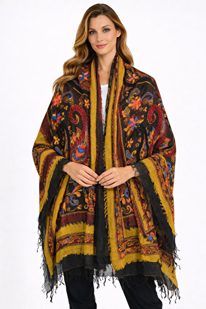Dervişan İpekçilik Dervişan Silk & Cashmere Siyah Hardal İşlemeli Kaşmir Şal