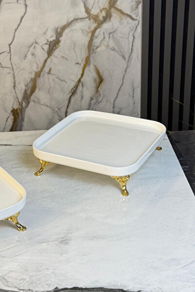 MAY HOME طبق تقديم مربع من البورسلين ذهبي اللون