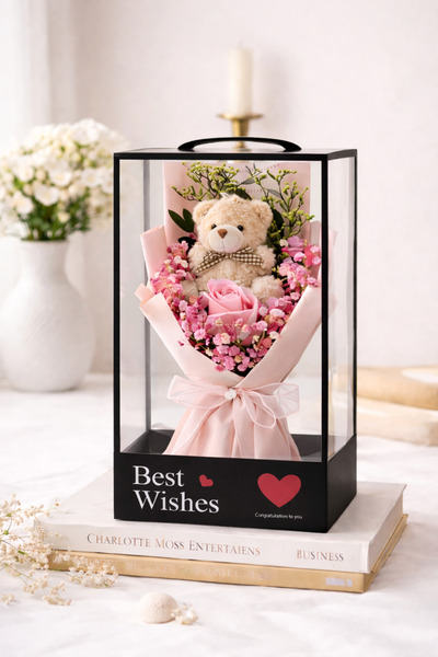OEM Gift Bouquet with Scented Soap Rose and Teddy Bear 25cm in Box – Elegant ...