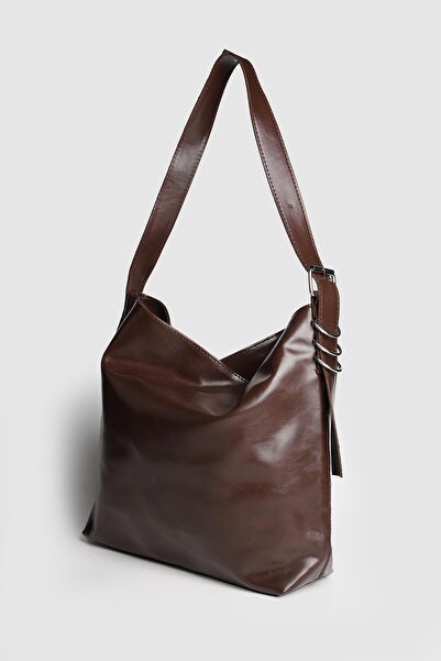 Store حقيبة كتف نسائية كبيرة الحجم من الجلد اللامع المجعد من هيجز