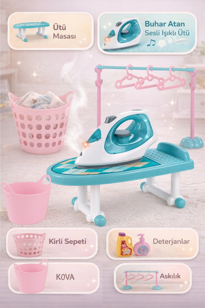 TRENDZONE Ironing Board with Toy Accessories, Steam Ironing House Set with So...