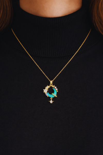 FERİHA DESING قلادة من الفولاذ المقاوم للصدأ بتصميم حجر الزركون والقمر والنجمة