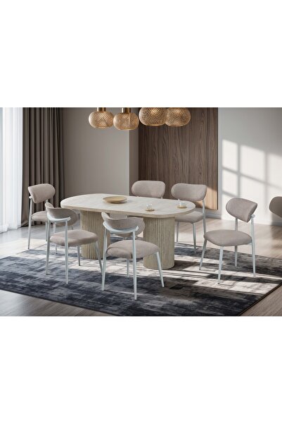 Home YemekMasası BOHEM SABİT TRAVERTEN MDF masa ve 6 sandalye 90X170 1.kalite